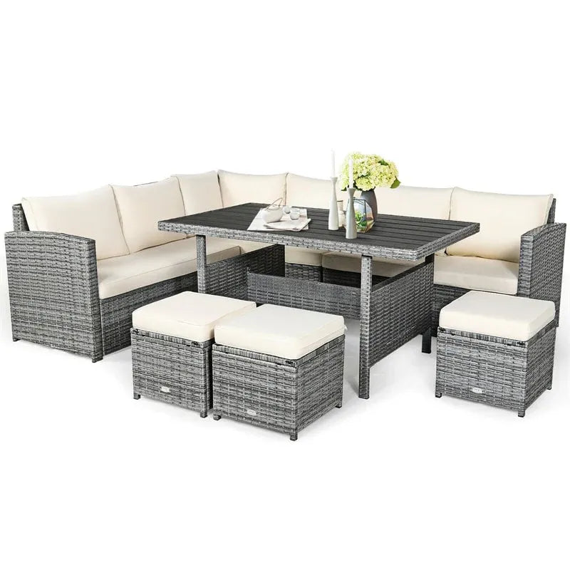 7 PCS Resin Wicker Outdoor Sectional Sofa Set Rattan Patio Seating Group with Dining Table, Ottomans & Cushions 1