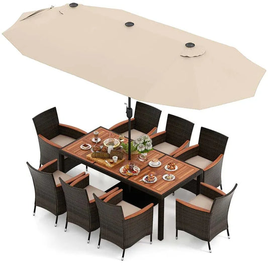 10Pcs Patio Rattan Dining Set with 15FT Double-Sided Umbrella, Heavy Duty Acacia Wood Table & Stackable Wicker Chairs 1